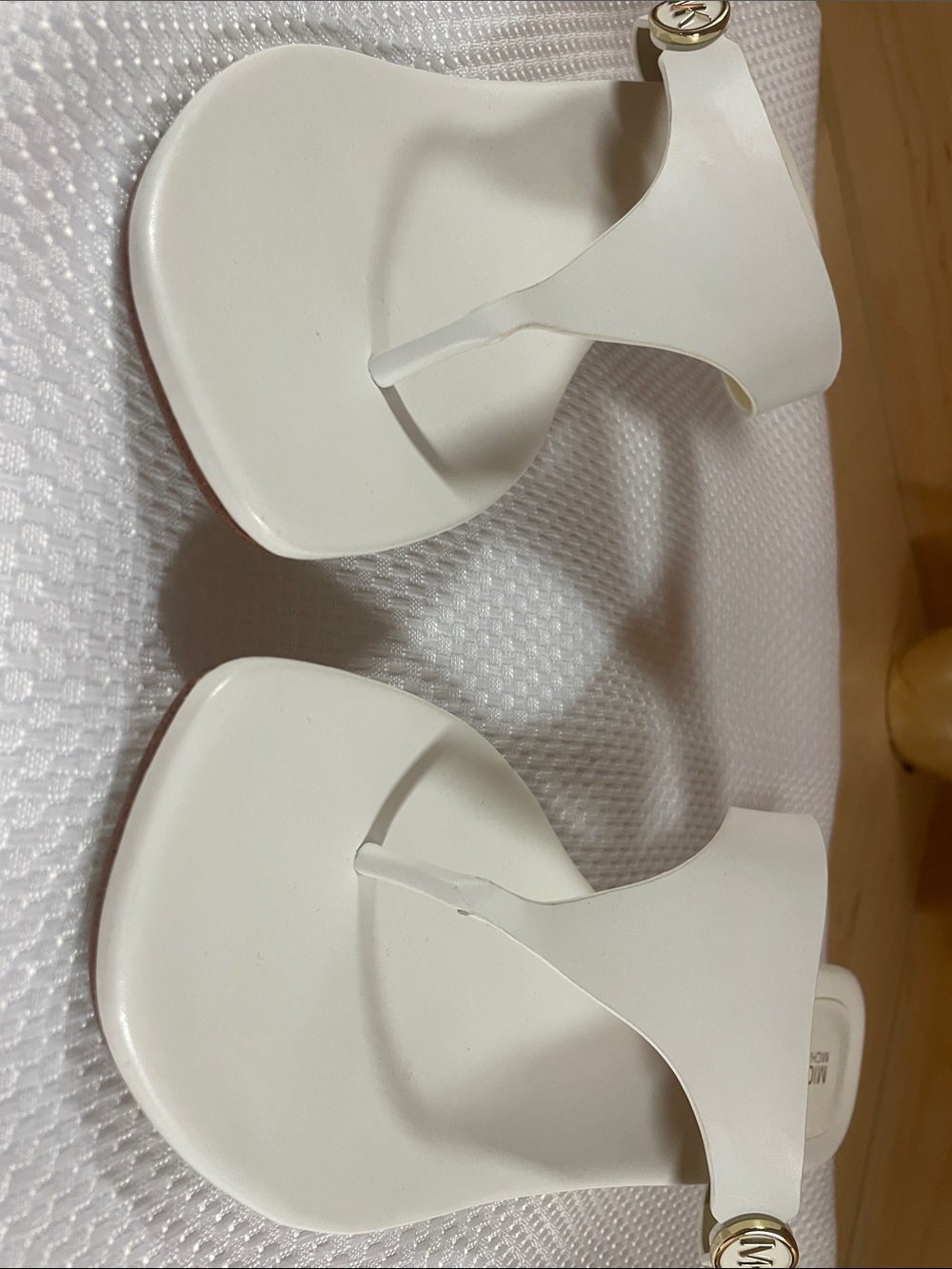 Michael Kors White Square-Toe Thong Sandals with Gold Logo Accent